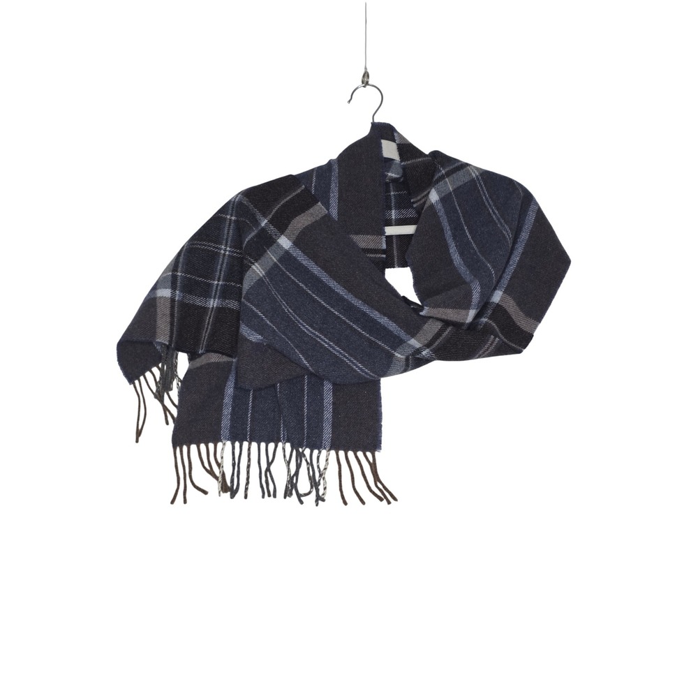 Italian Woollen Treasures 100% Wool Plaid Scarf Blue Grey Made in Italy NWT Lux